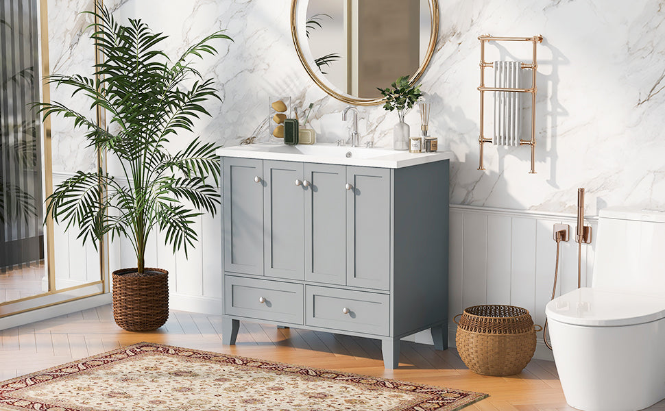 36'' Bathroom Vanity with Resin Sink Combo,Solid Wood Frame Bathroom Storage Cabinet, Freestanding Vanity Set with 4 Soft Closing Doors& 2 Drawers