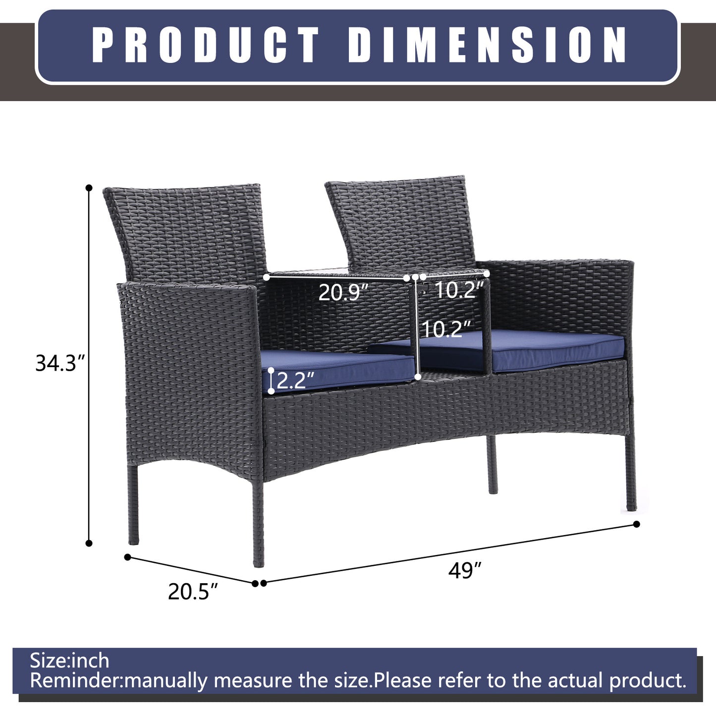 Outdoor Patio Loveseat Set,All Weather PE Rattan and Steel Frame Conversation Furniture with Built-in Coffee Table,Tempered Glass Top and Removable Cushions for Garden Lawn Backyard (Coffee+Blue)