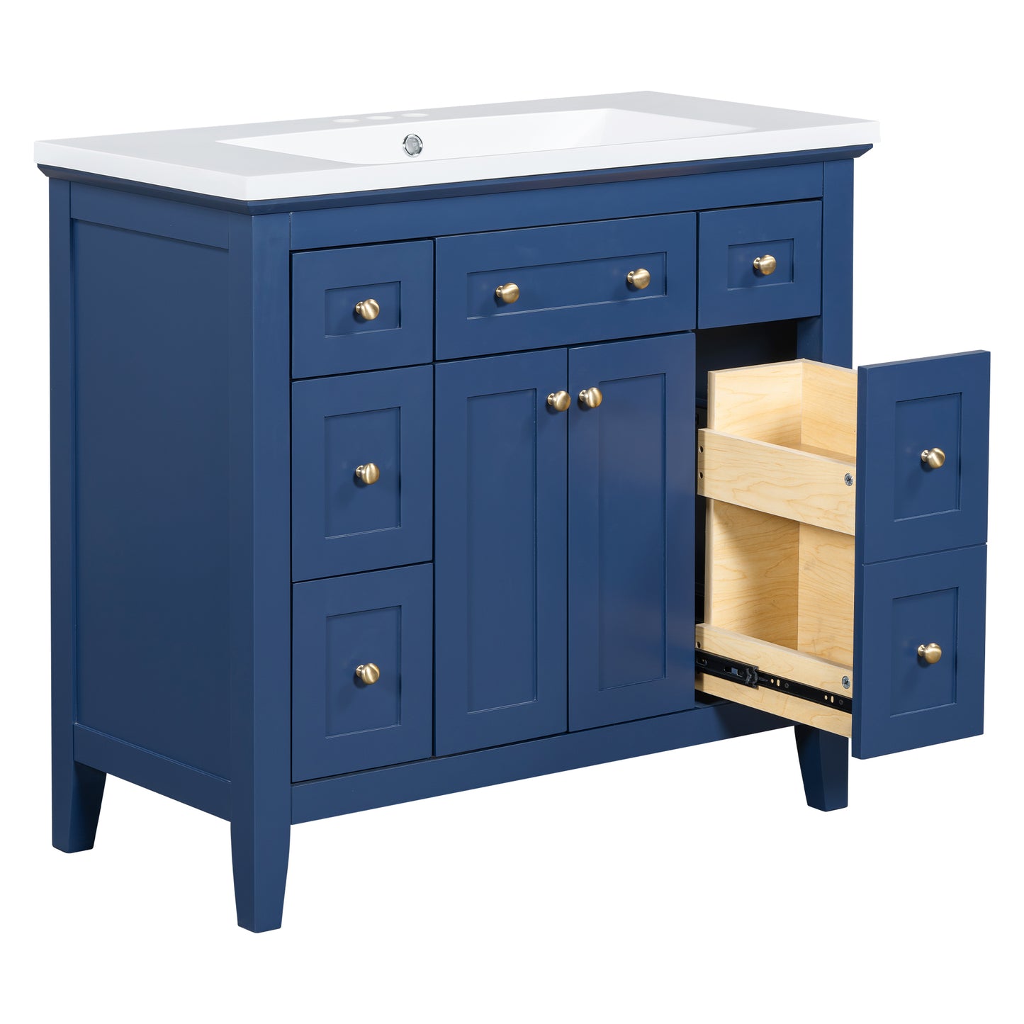36'' Bathroon Vanity with Resin Sink Combo Set, Modern Freestanding Single Bathroom Cabinet with 6 Drawers & 2 Cabinets, Storage Cabinet for Bathroom, Solid Wood Frame Vanity Set, Blue