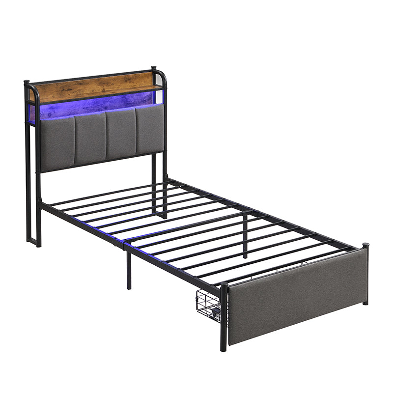 Twin Bed Frame, Storage Headboard with Charging Station, Solid and Stable, Noise Free, No Box Spring Needed, Easy Assembly