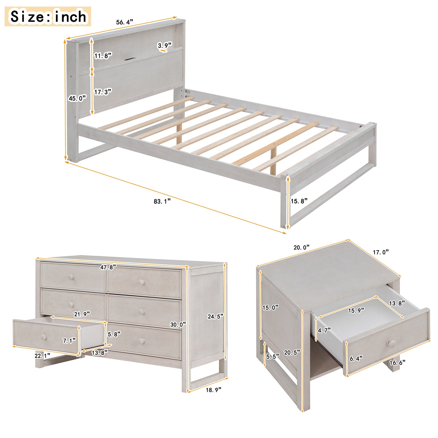 3-Pieces Bedroom Sets Full Size Platform Bed with Nightstand and Dresser,Antique White