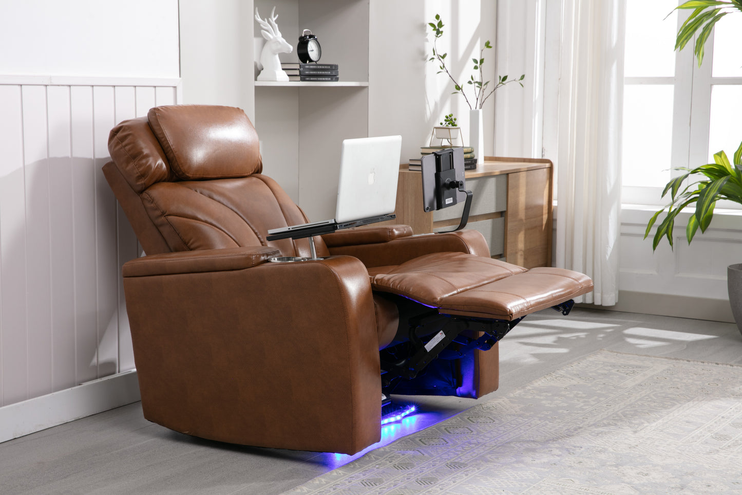 Power Motion Recliner with USB Charging Port and Hidden Arm Storage, Home Theater Seating with Convenient Cup Holder Design ,and stereo(Light Brown)