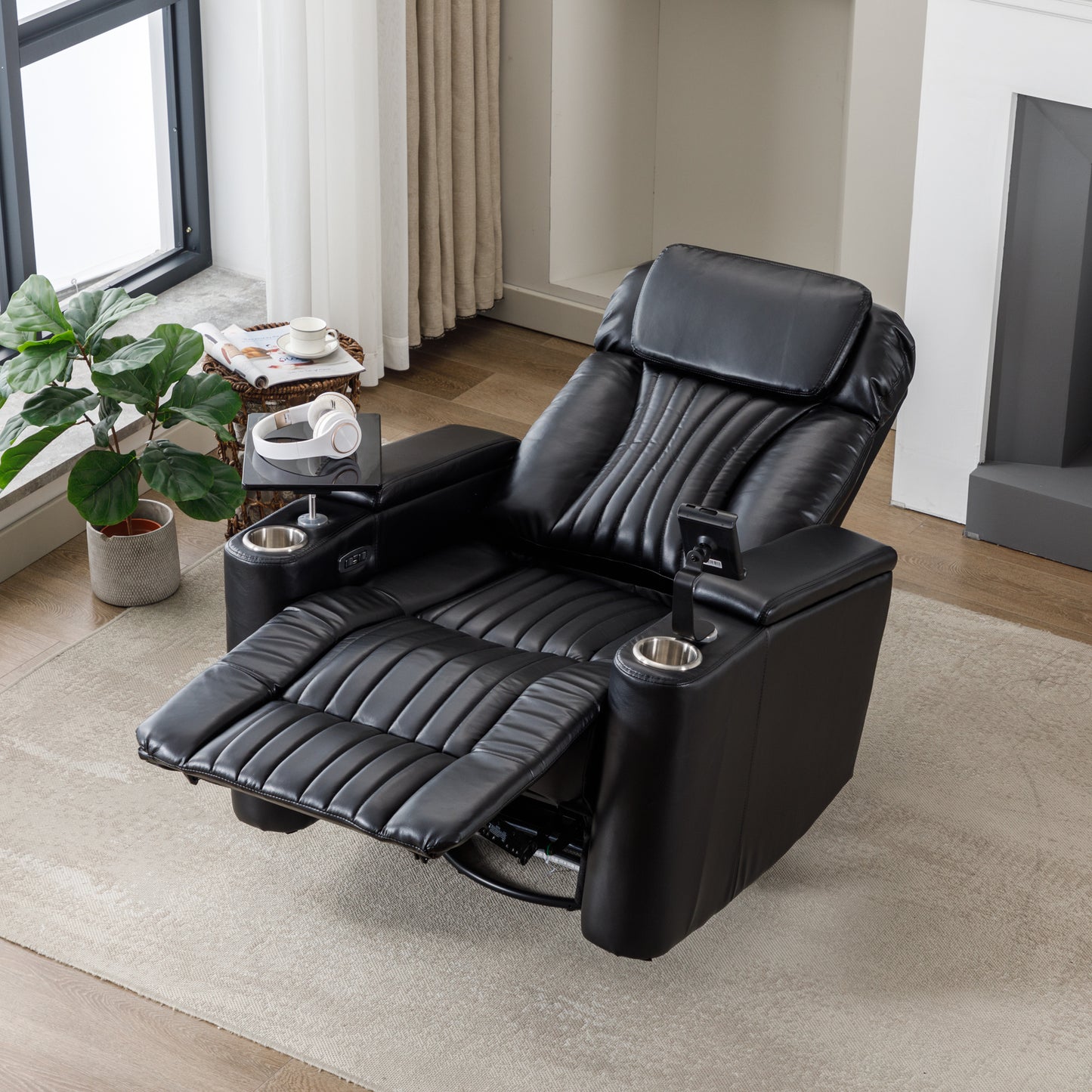 270° Power Swivel Recliner,Home Theater Seating With Hidden Arm Storage and LED Light Strip,Cup Holder,360° Swivel Tray Table,and Cell Phone Holder,Soft Living Room Chair,Black