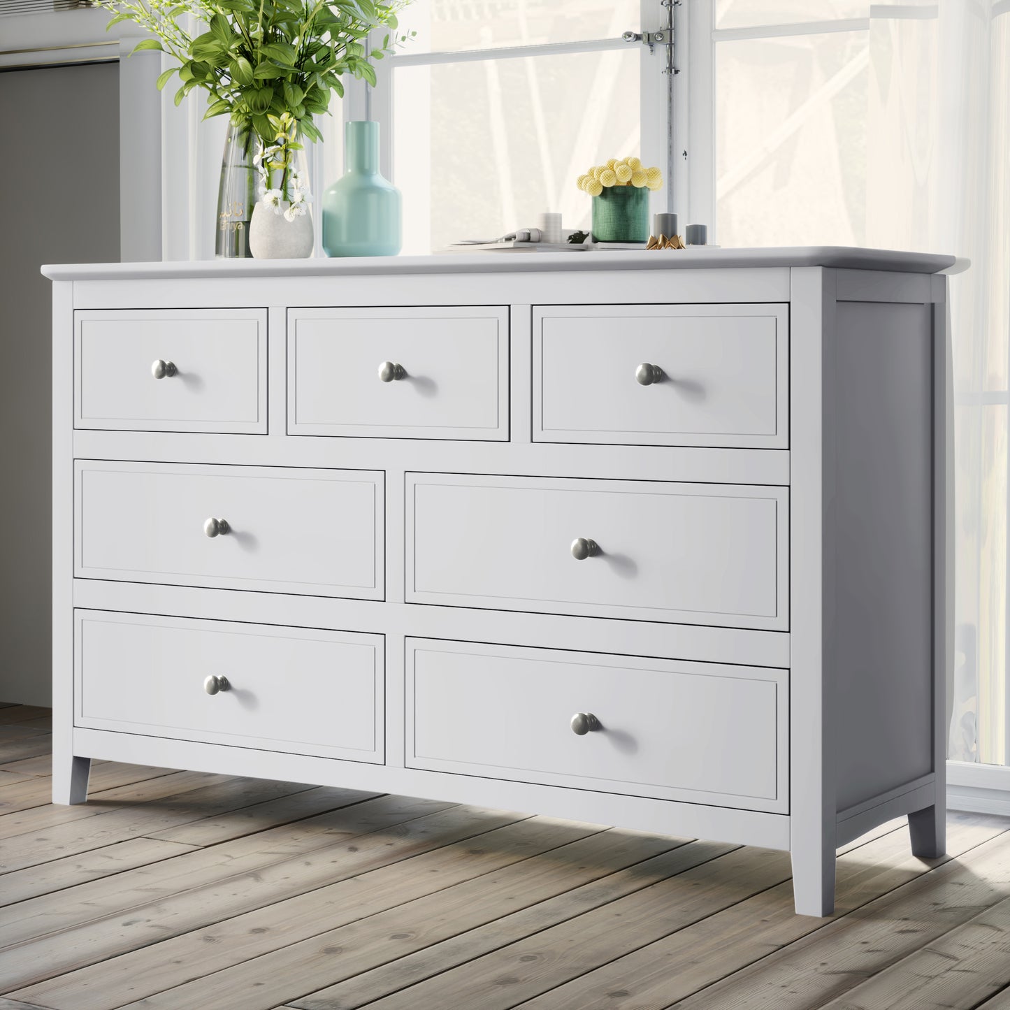 White Solid Wood 5 Pieces King Bedroom Sets(bed+nightstand*2+chest+dresser)
