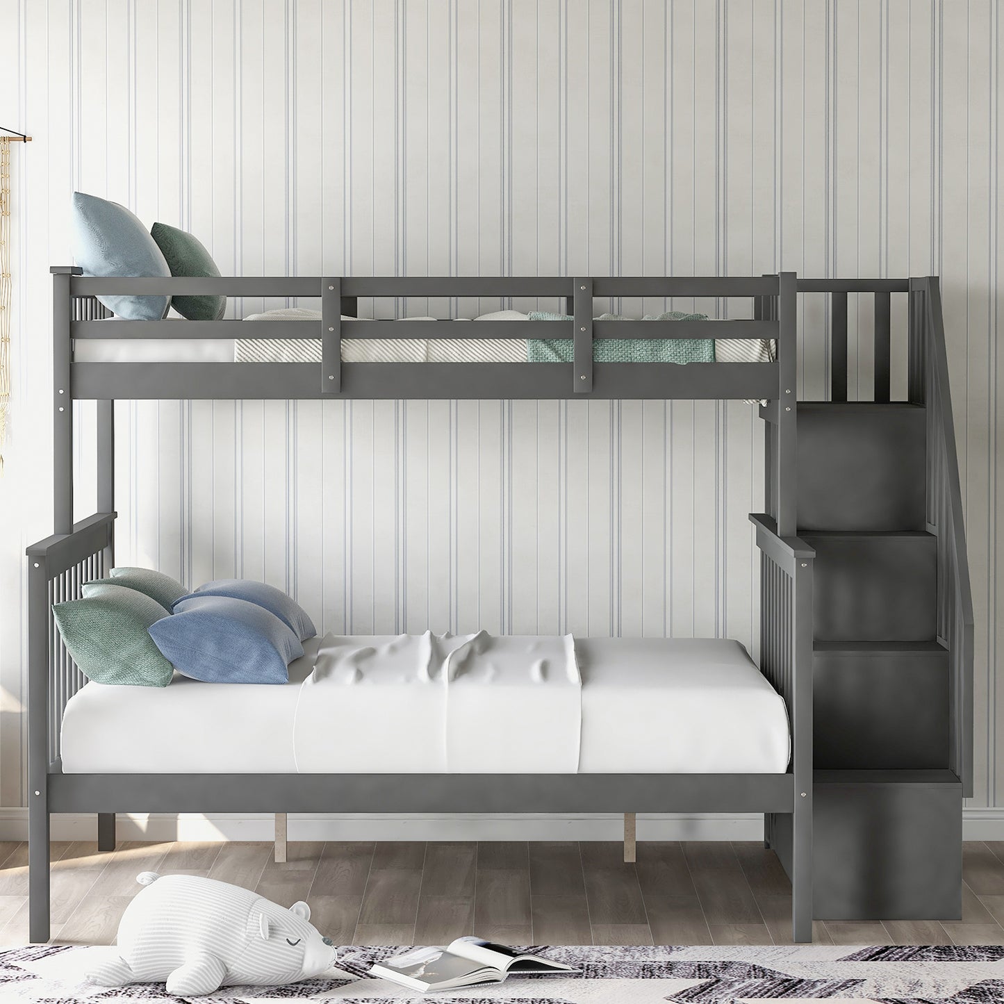 Stairway Twin-Over-Full Bunk Bed with Storage and Guard Rail for Bedroom, Gray color(OLD SKU :LP000019AAE)