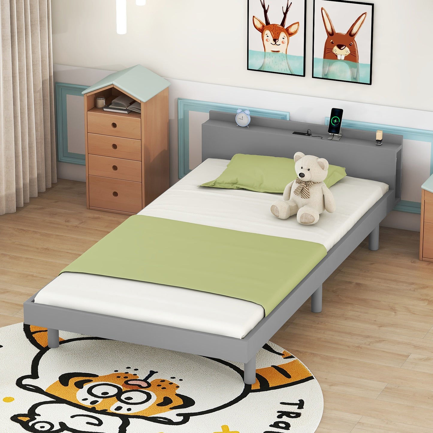Modern Design Twin Size Platform Bed Frame with Headboard for Grey Color