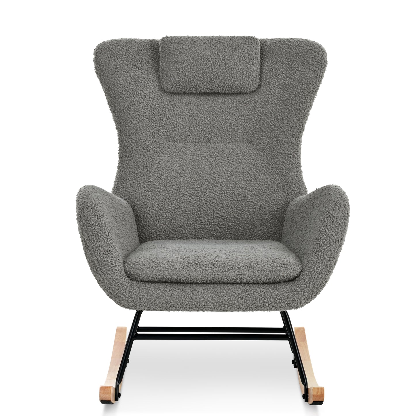 Rocking Chair Nursery, Teddy Upholstered Rocker Glider Chair with High Backrest, Adjustable Headrest & Pocket, Comfy Glider Chair for Nursery, Bedroom, Living Room, Offices, Rubber wood, gray