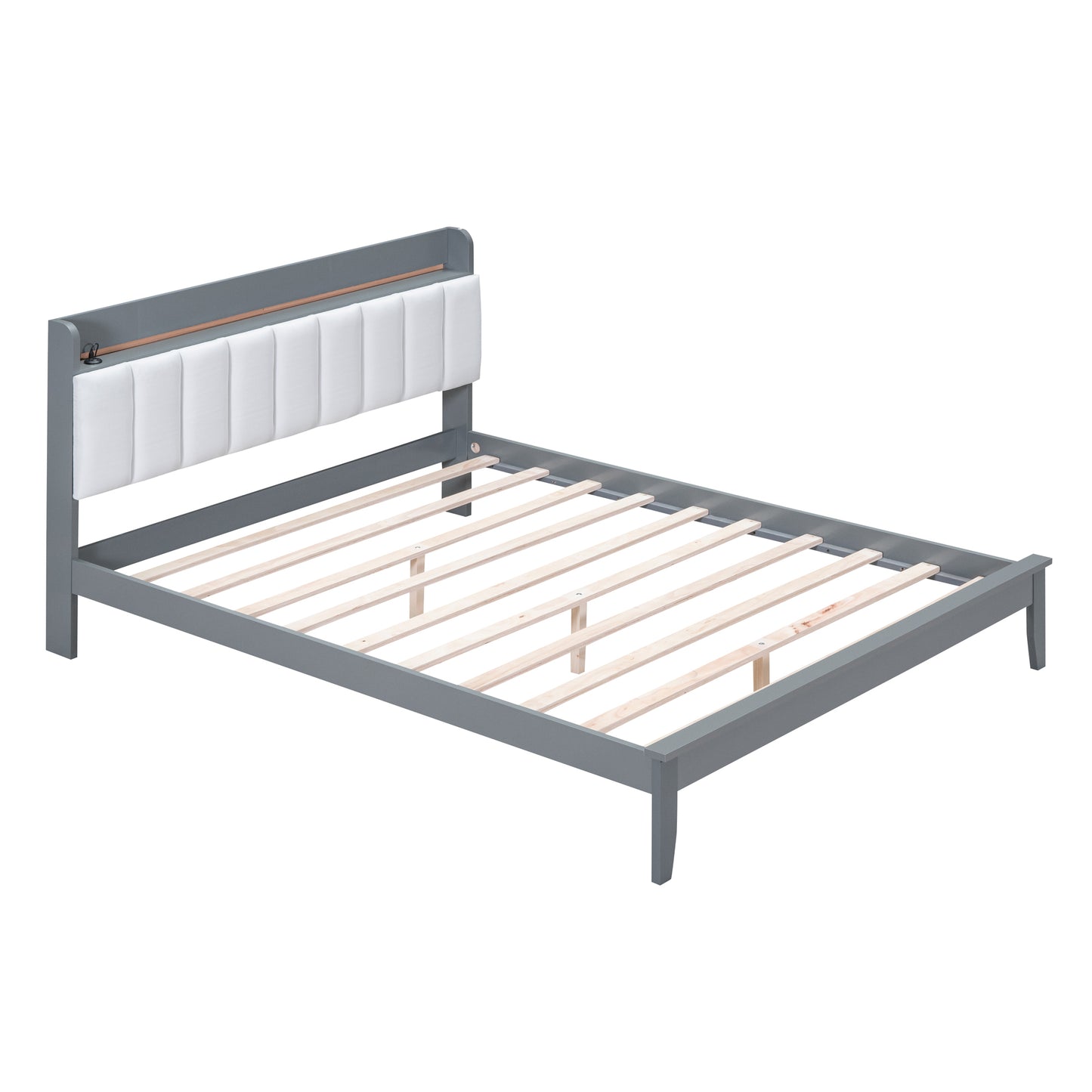 3-Pieces Bedroom Sets,Queen Size Wood Platform Bed and Two Nightstands,Storage Platform bed with USB and LED Lights-Gray+White