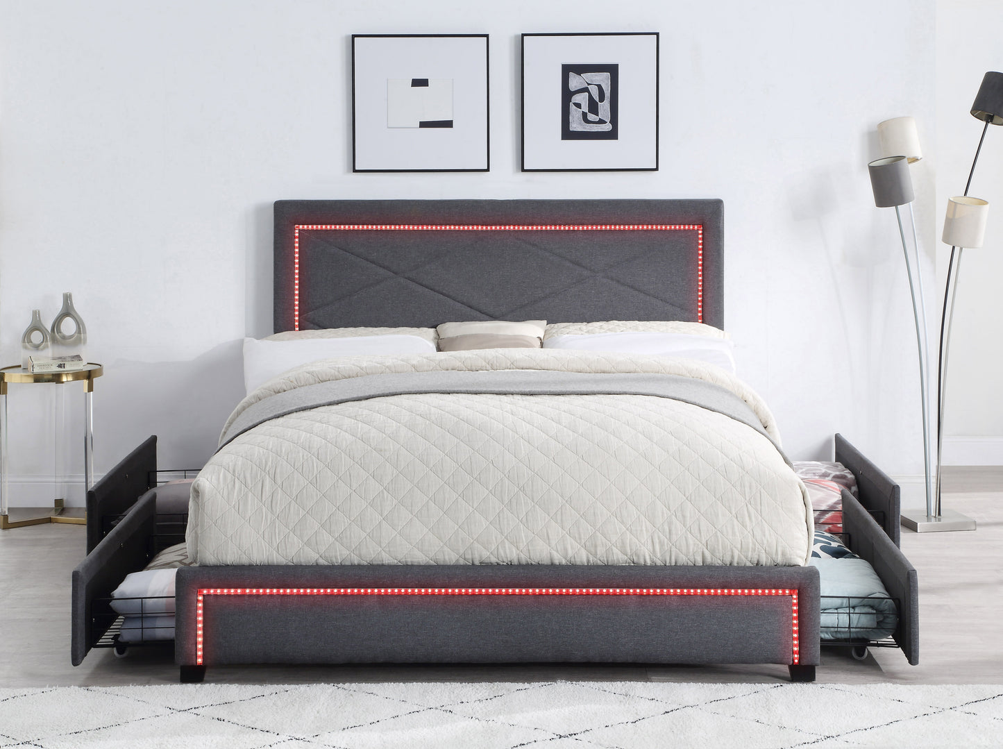 Upholstered Queen Size Platform Bed with LED Lights, Storage Bed with 4 Drawers, Gray color fabric