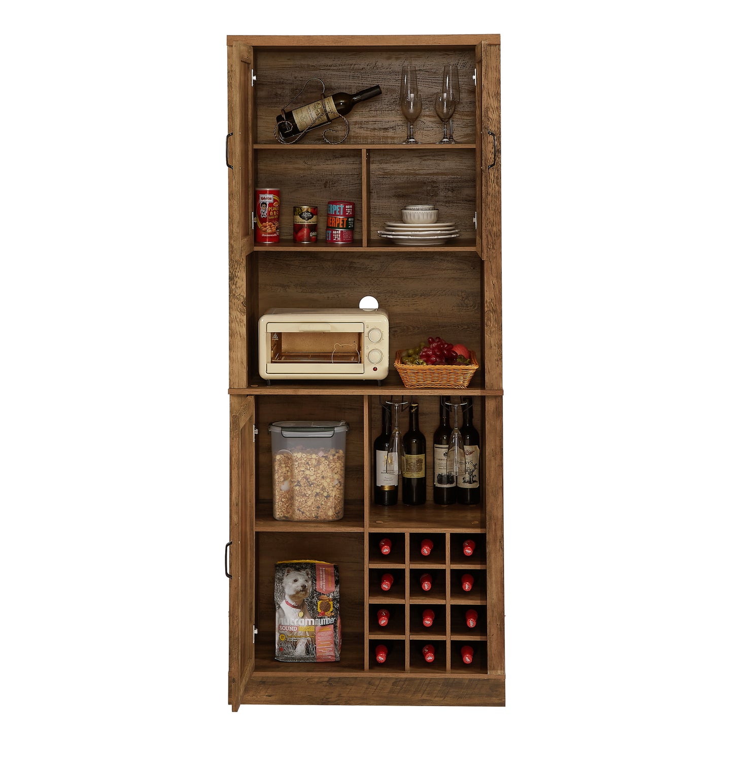 76-Inch Tall Rustic Oak Color Farmhouse Kitchen Faux Rattan Wine Cabinet, Kitchen Bar Cabinet with Square Compartments , Large Wooden Faux Rattan Storage Cabinet with Barn Doors and Microwave Shelves