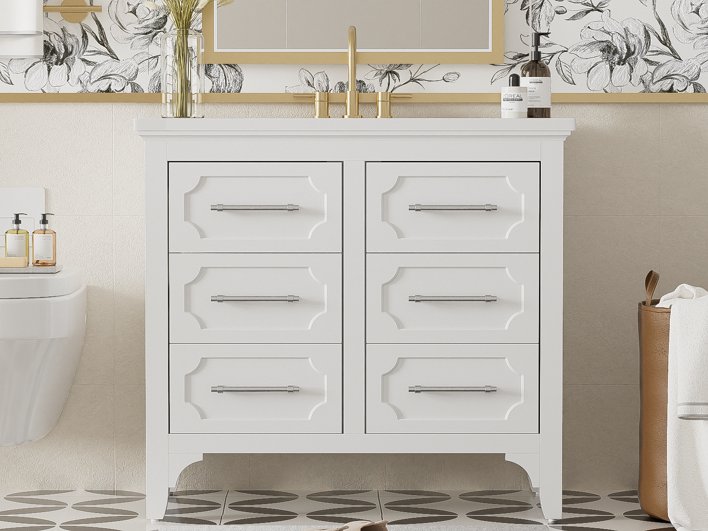 36'' Bathroom Vanity with Resin Sink Combo, Free Standing Single Vanity Set with Four Drawers, Solid Wood Frame Bathroom Storage Cabinet