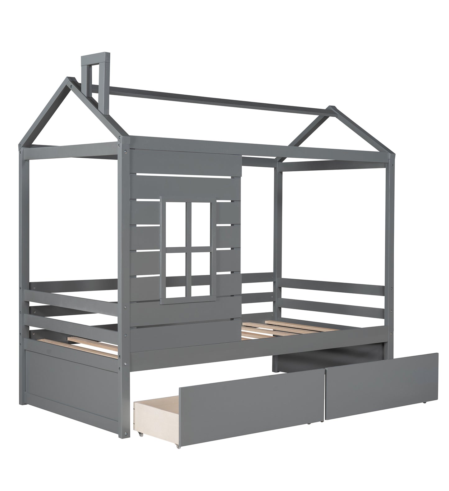 Twin Size House Bed Wood Bed with Two Drawers ( Gray )