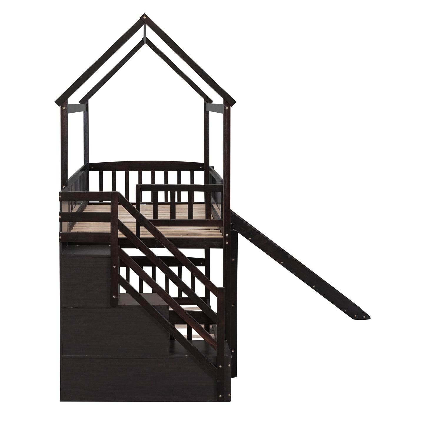 Twin Over Twin Bunk Bed with Drawers and Slide, House Bed with Slide,Espresso(OLD SKU :LT000215AAP)