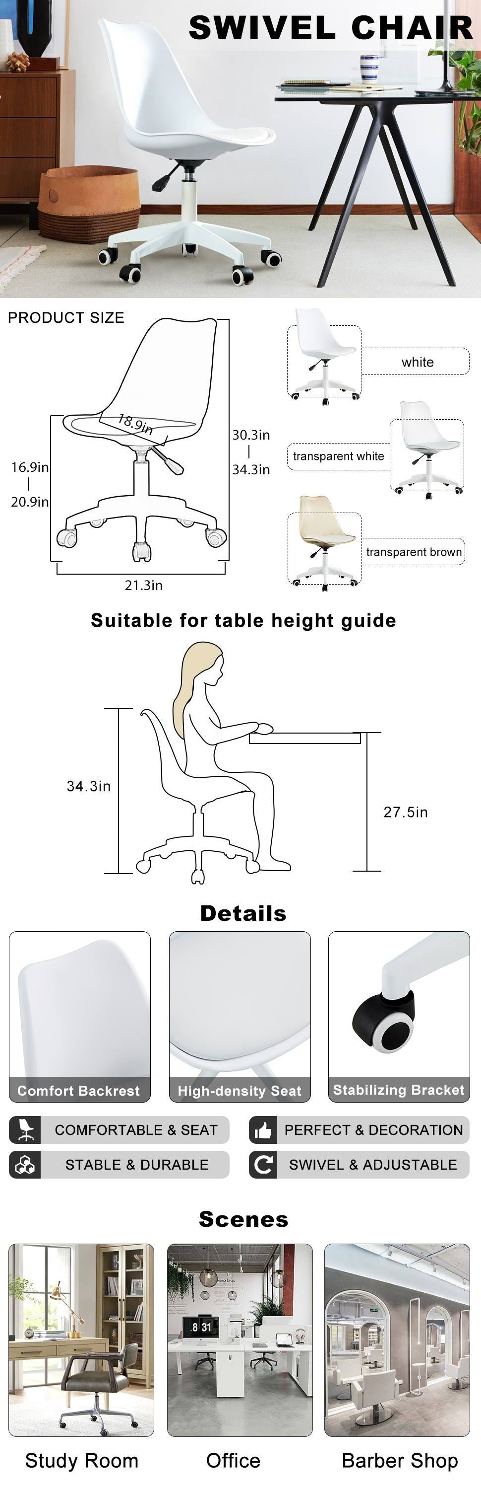 Modern Home Office Desk Chairs, Adjustable 360 °Swivel Chair Engineering Plastic Armless Swivel Computer Chair With Wheels for Living Room, Bed Room Office Hotel Dining Room and White.