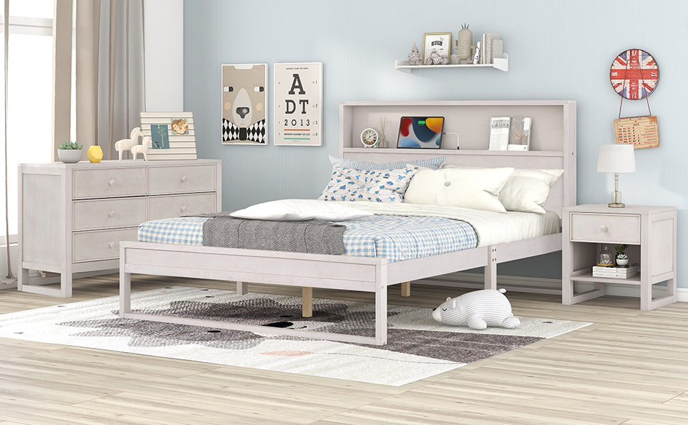 3-Pieces Bedroom Sets Queen Size Platform Bed with Nightstand and Dresser,Antique White