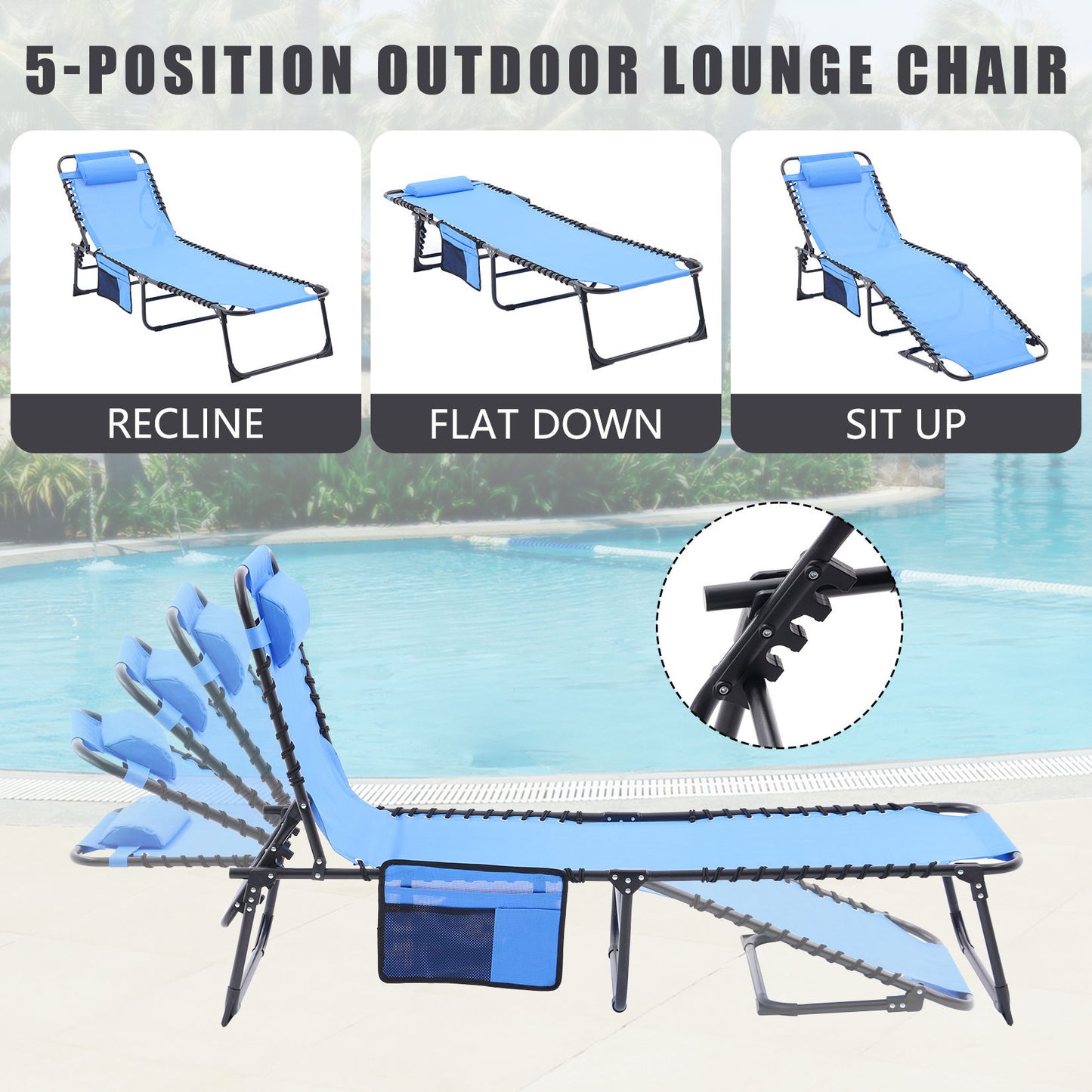 Folding Textilene Waterproof Patio Chaise Lounge Chair,Outdoor Adjustable and Reclining Tanning Chair with Pillow and Side Pocket for Lawn,Beach,Pool,Portable Camping and Sunbathing(2 Pieces,Blue)