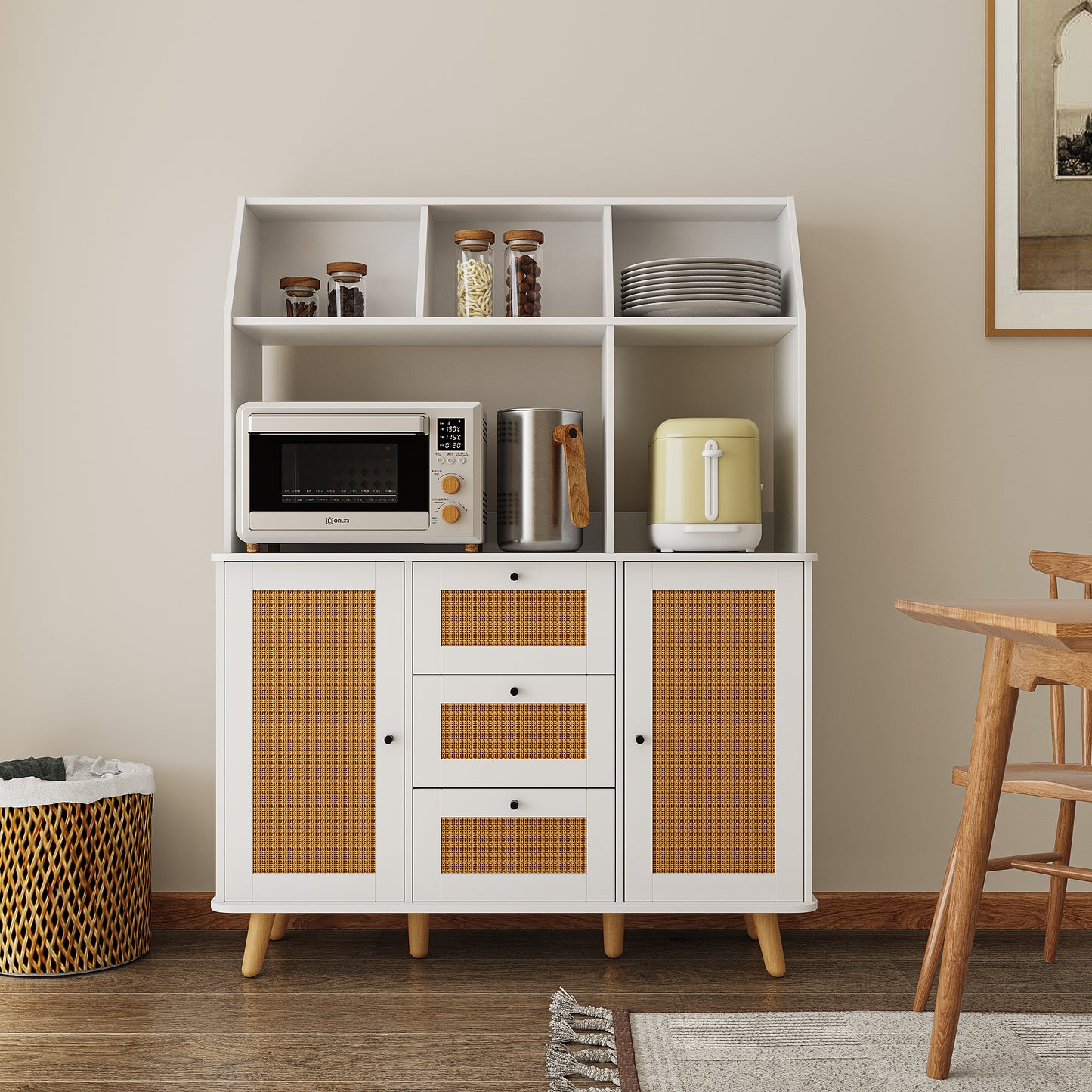 Cabinet with Rattan Door and 3 Drawers,Floor Cabinet with Storage,Buffet Cabinet for Living Room, Dining Room, Entryway