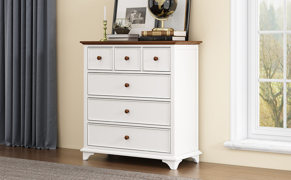 Wooden Captain Six-Drawer Chest for Bedroom, Living Room, Kids' Room, White+Walnut