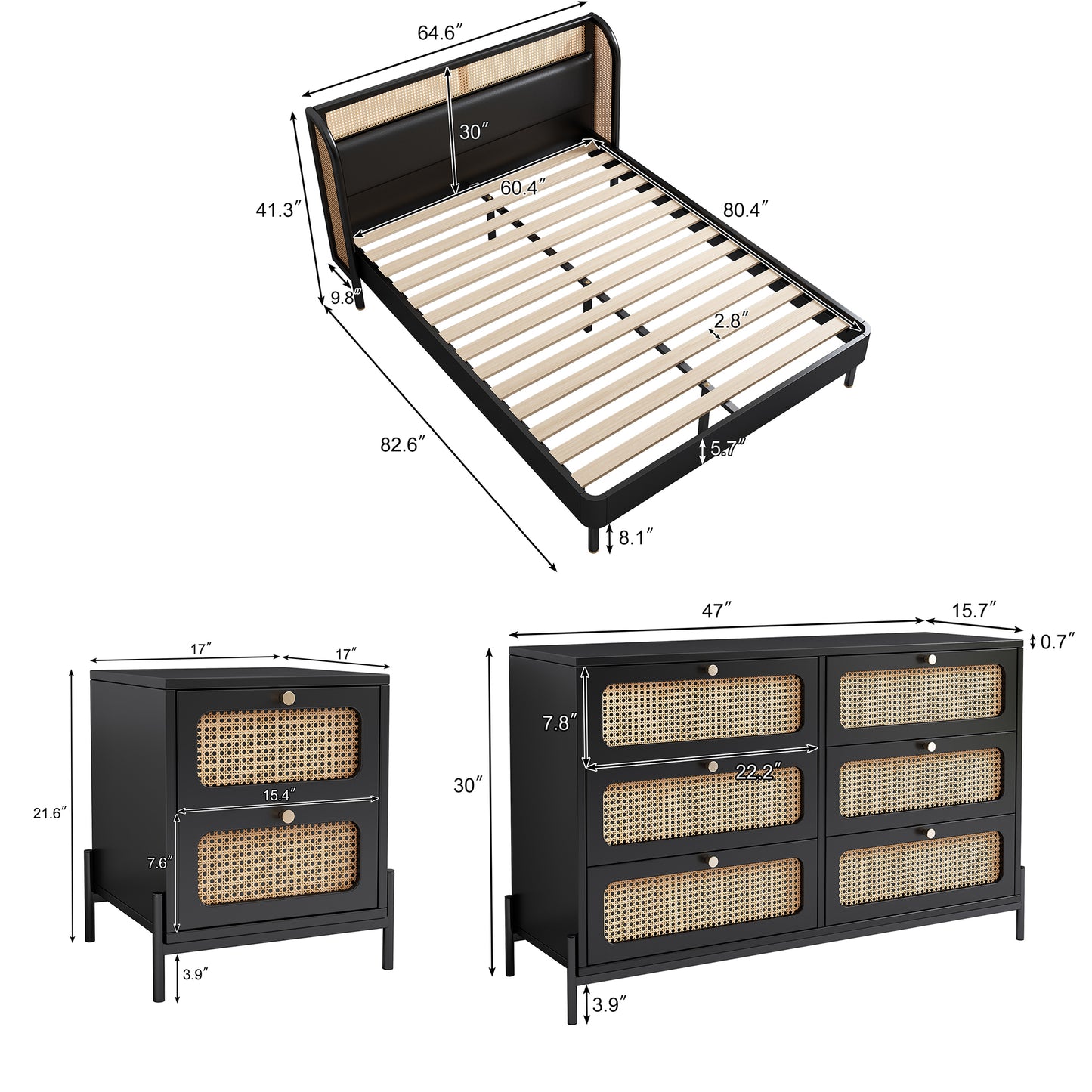4 Pieces Modern Cannage Rattan Platform Queen Bed + Nightstand*2+ Dresser, Black