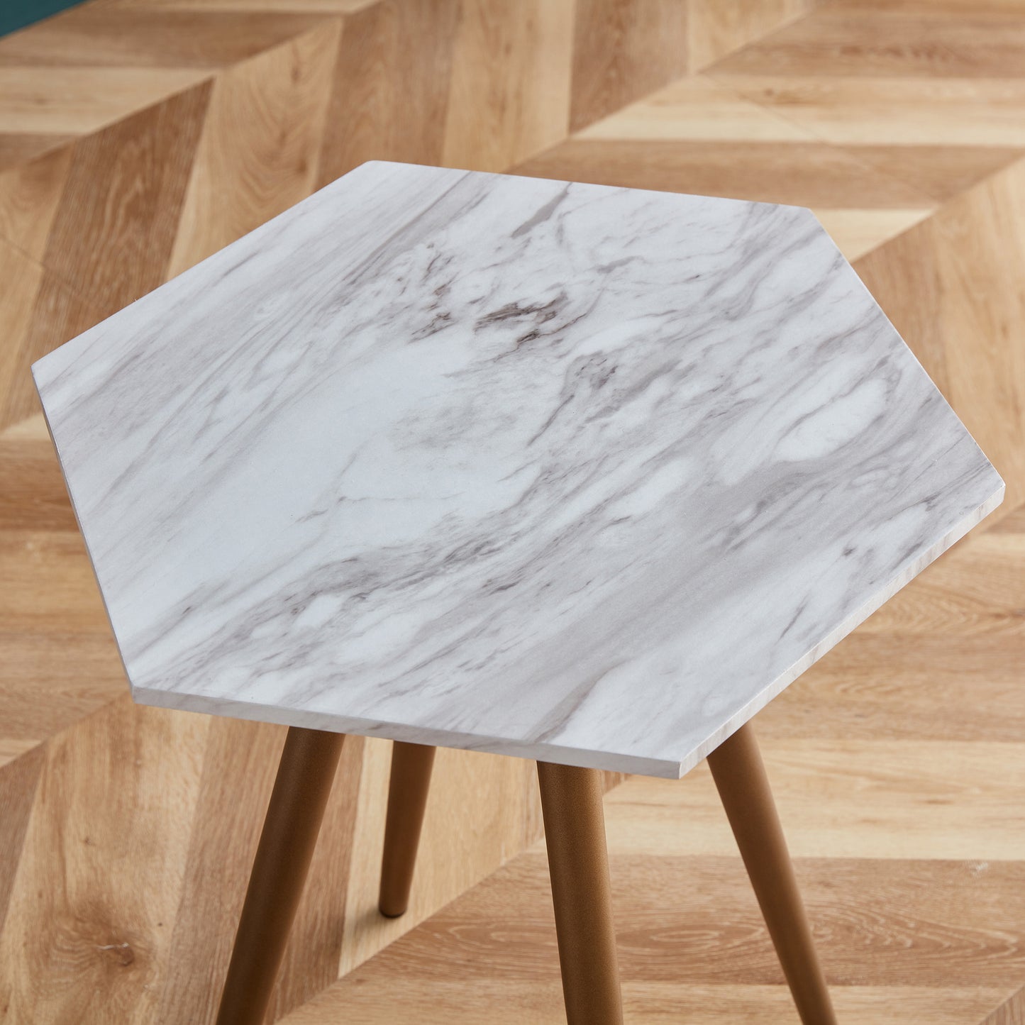 Modern Minimalism White Faux Marble End&Side Table, Small Accent Coffee Table with Dark Gold Metal Legs, Hexagon Nightstand for Living Room,Bedroom, Apartment Small Space ( MDF Tabletop + Metal Legs )