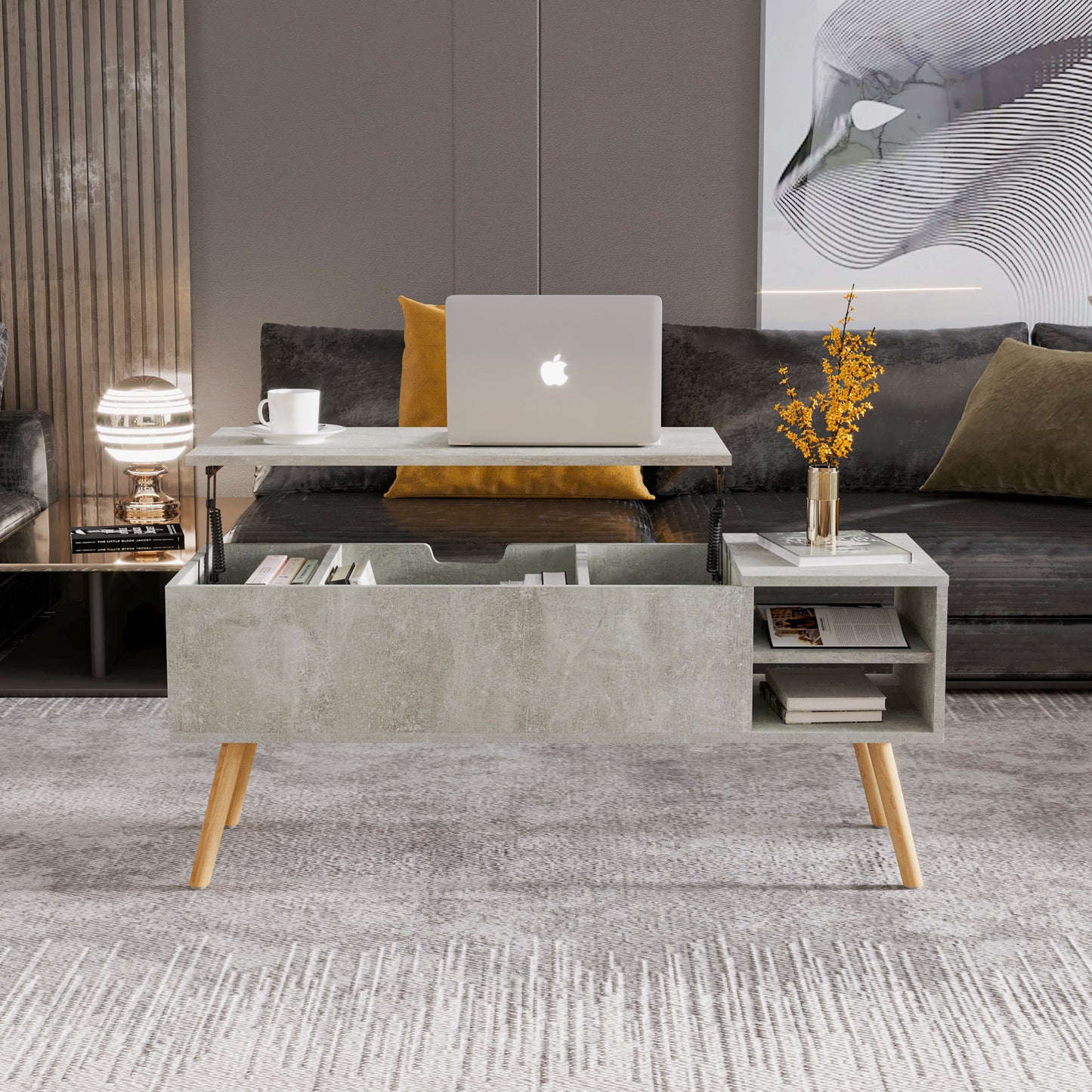 Solid wood legsCoffee Table,Accent Furniture Home Decor,Open Storage Shelf,Storage Coffee Table with Hidden Compartment and Adjustable Storage Shelf,LiftTabletopDiningTable for Living room Light Gray