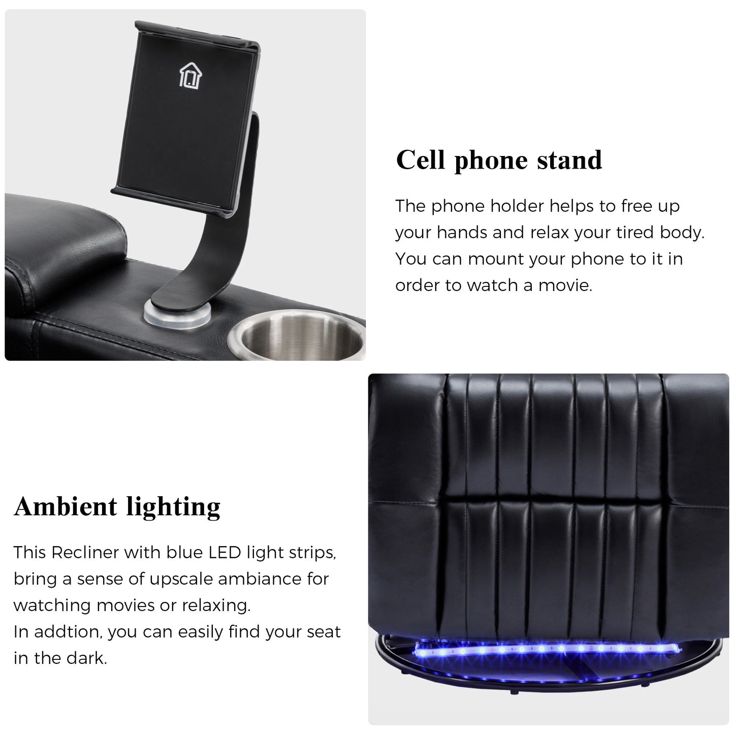 270° Power Swivel Recliner,Home Theater Seating With Hidden Arm Storage and LED Light Strip,Cup Holder,360° Swivel Tray Table,and Cell Phone Holder,Soft Living Room Chair,Black