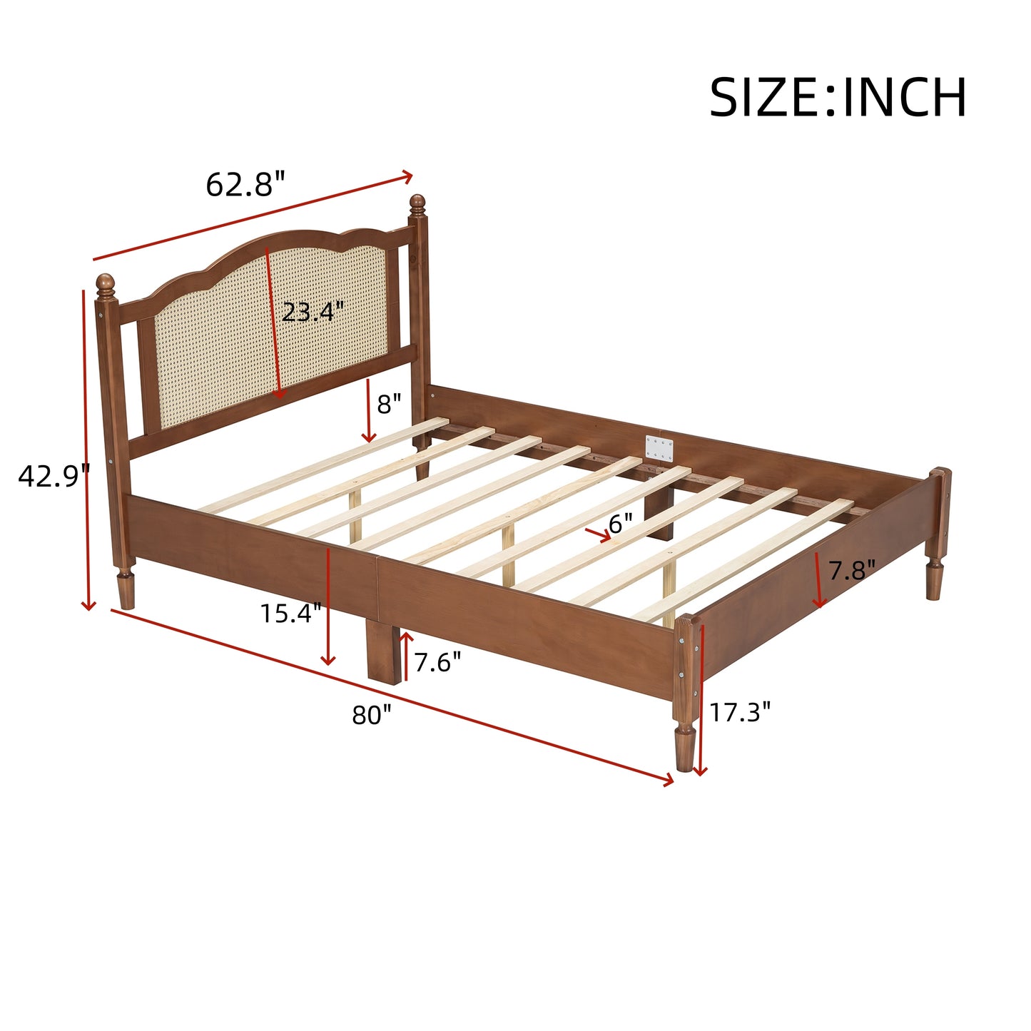 Queen Size Wooden Platform Bed with Natural Rattan Headboard, Vintage Bed Frame with Wooden Slat Support, Walnut (Expected Arrival Time: 08.23)