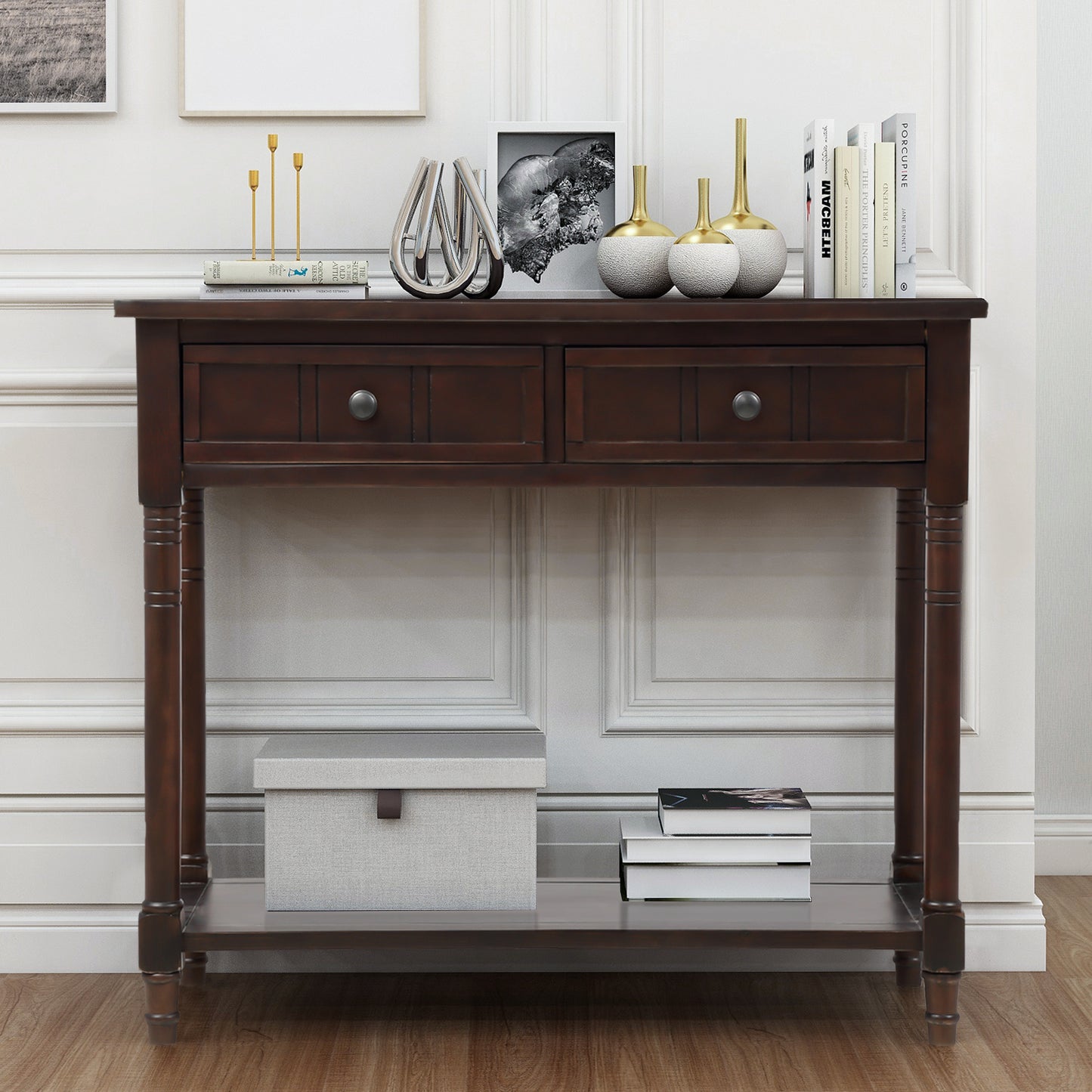 TREXM Daisy Series Console Table Traditional Design with Two Drawers and Bottom Shelf (Espresso)