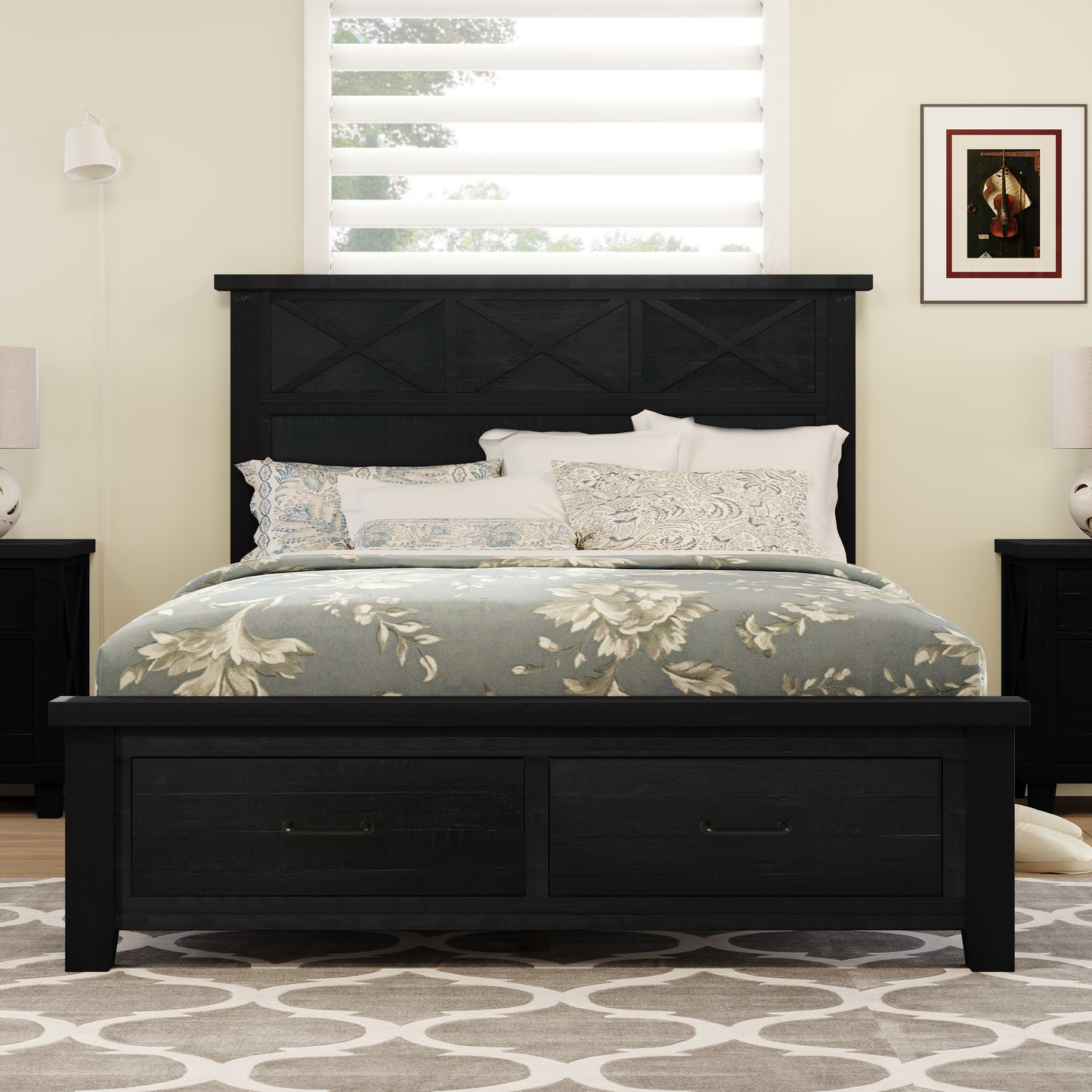 Rustic Farmhouse Style 3 Pieces Bedroom Sets Blackwash Queen Bed with 2 Drawers, Nightstand and Dresser, Coffee