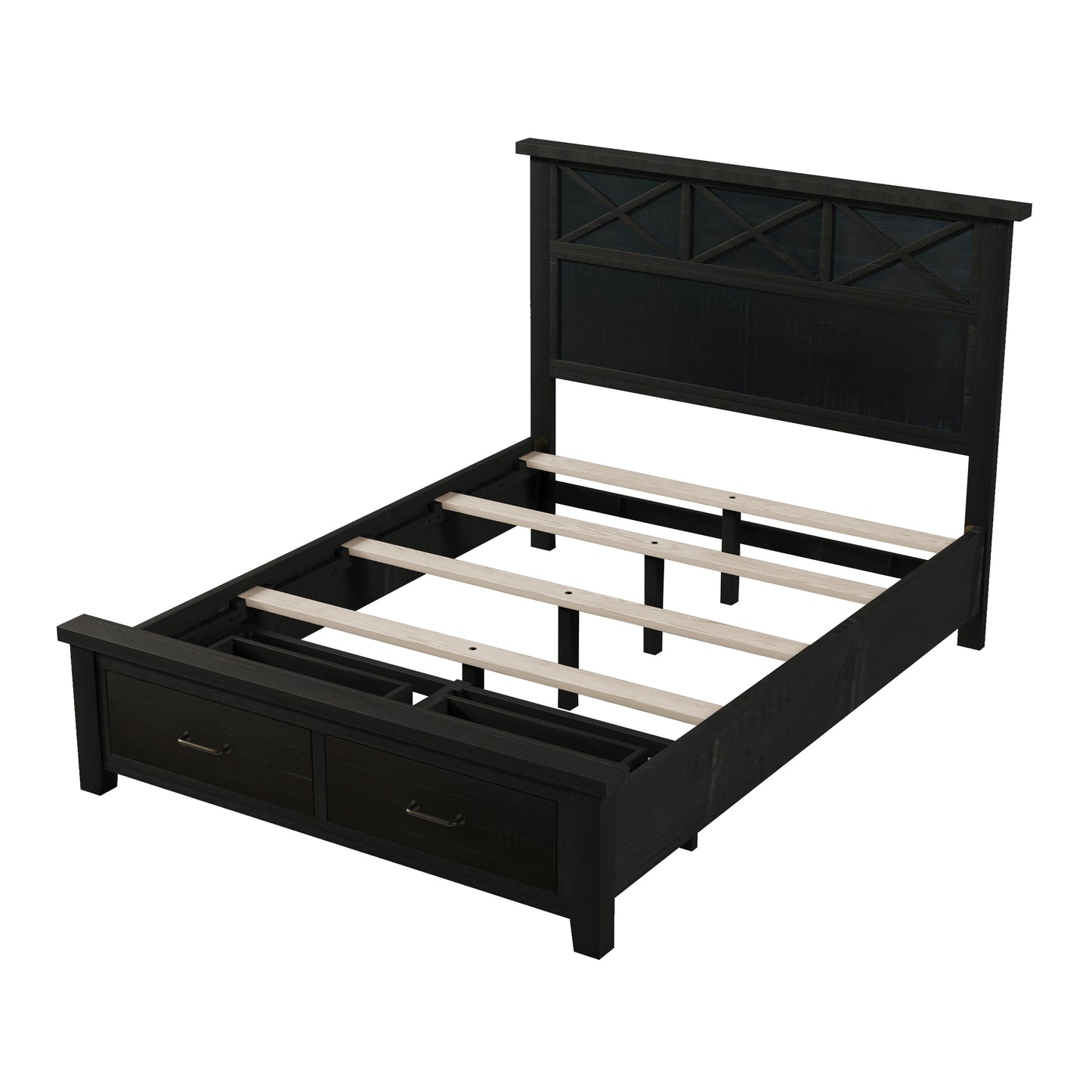 Rustic Farmhouse Style Blackwash Queen Storage Panel Bed with Two Drawers, Coffee