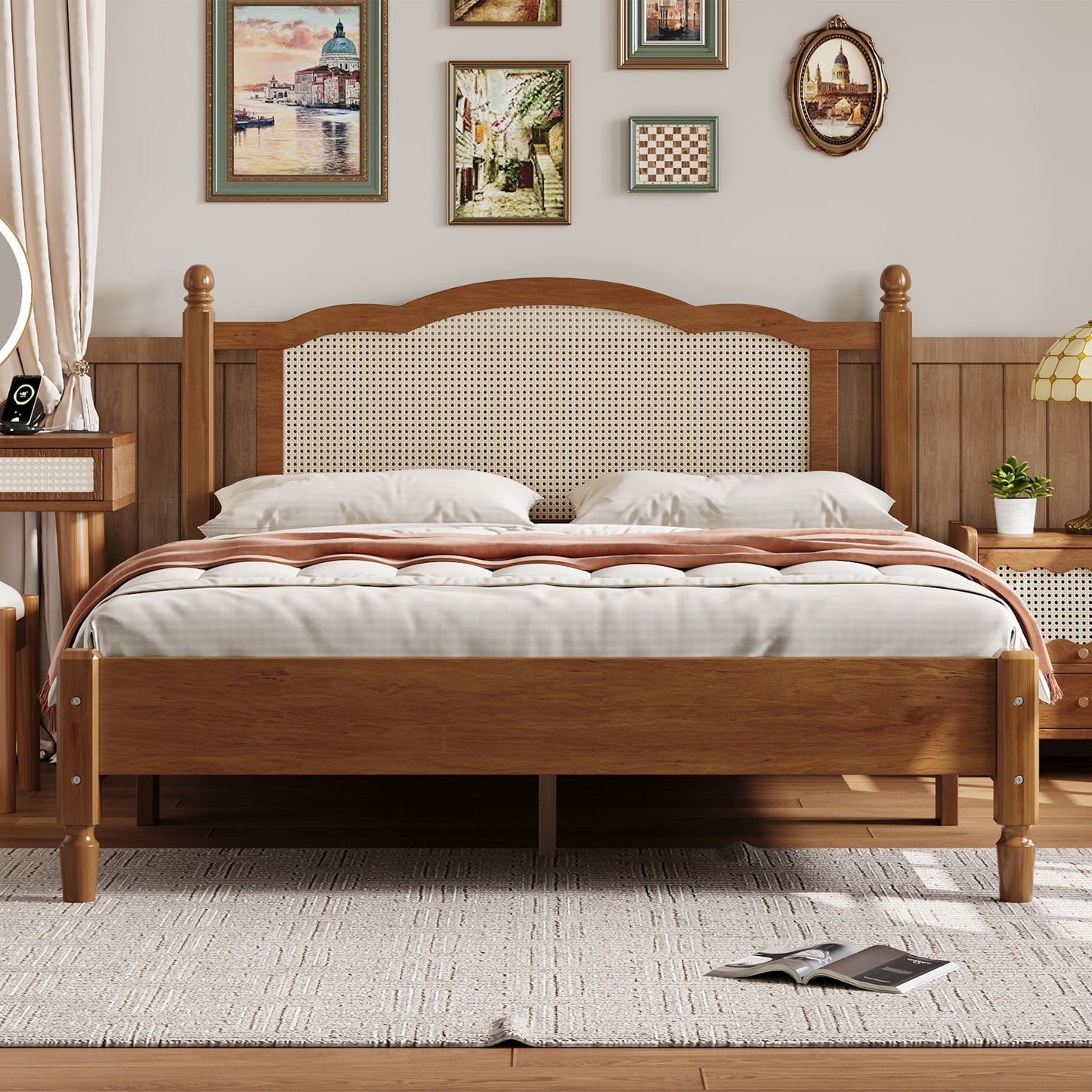 Queen Size Wooden Platform Bed with Natural Rattan Headboard, Vintage Bed Frame with Wooden Slat Support, Walnut (Expected Arrival Time: 08.23)