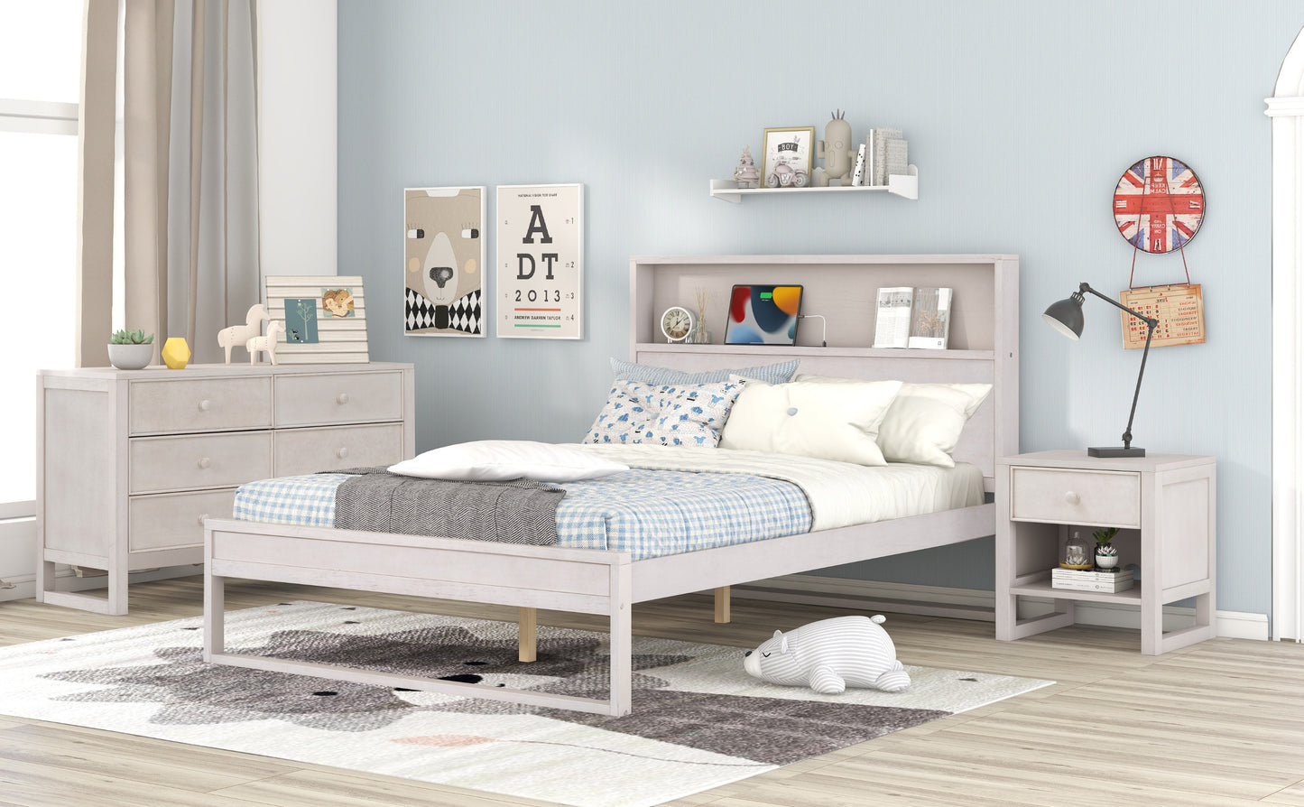 3-Pieces Bedroom Sets Full Size Platform Bed with Nightstand and Dresser,Antique White