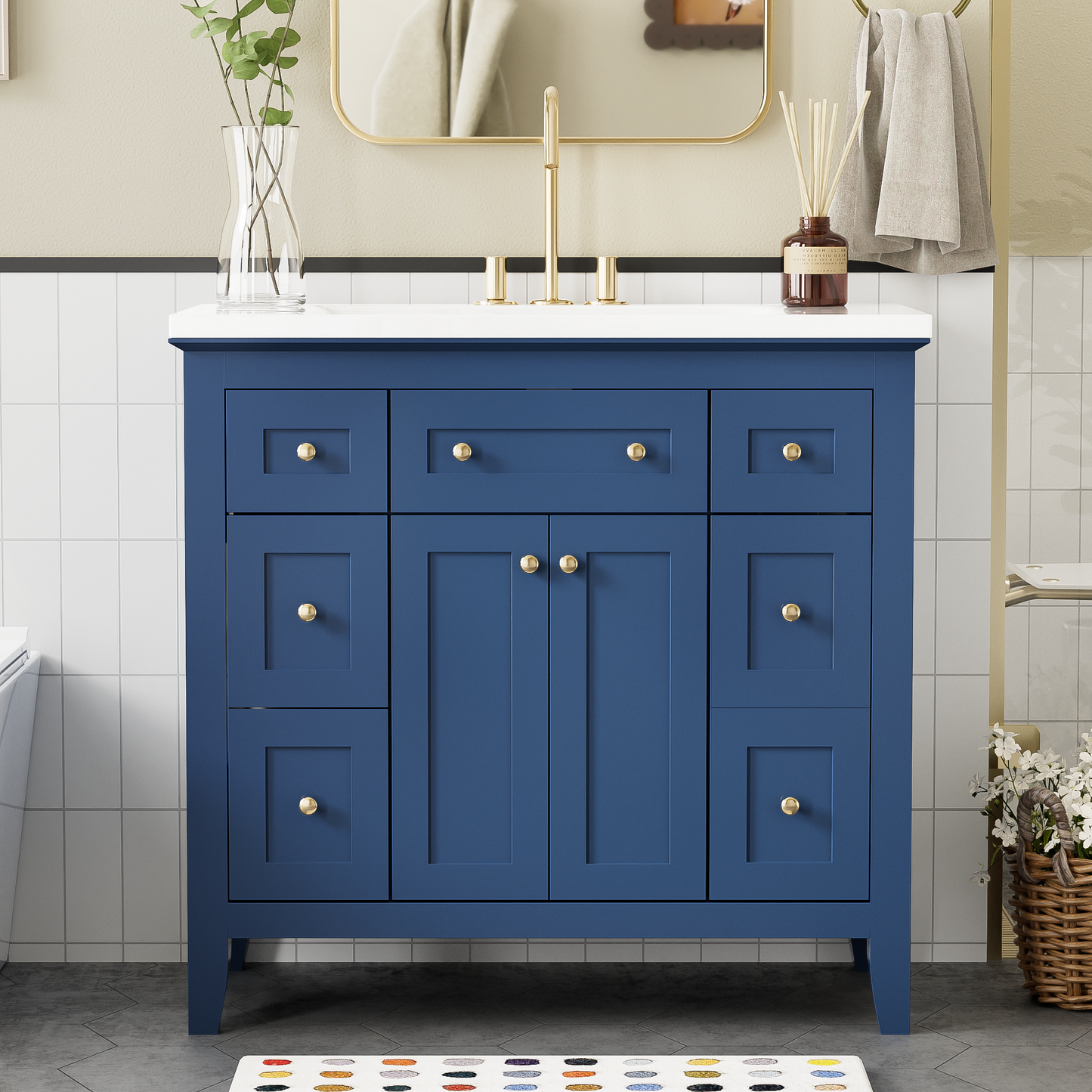 36'' Bathroon Vanity with Resin Sink Combo Set, Modern Freestanding Single Bathroom Cabinet with 6 Drawers & 2 Cabinets, Storage Cabinet for Bathroom, Solid Wood Frame Vanity Set, Blue