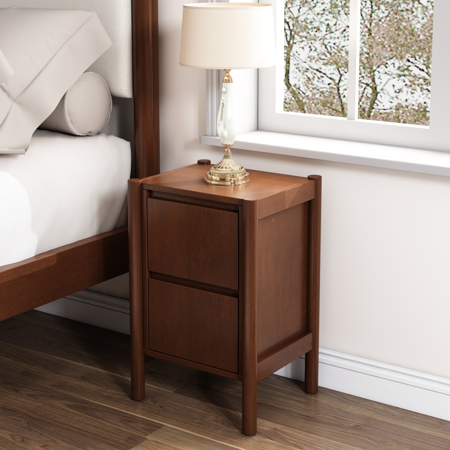 4 Pieces Bedroom Sets Mid Century Modern Upholestery Walnut Wood Frame Queen Platform Bed with Two Nightstands and Dresser