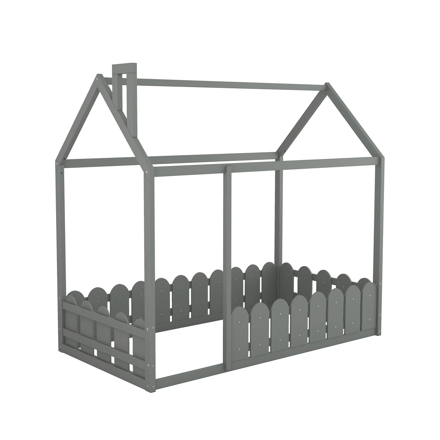 (Slats are not included) Twin Size Wood Bed House Bed Frame with Fence, for Kids, Teens, Girls, Boys (Gray )(OLD SKU :WF194274AAE)
