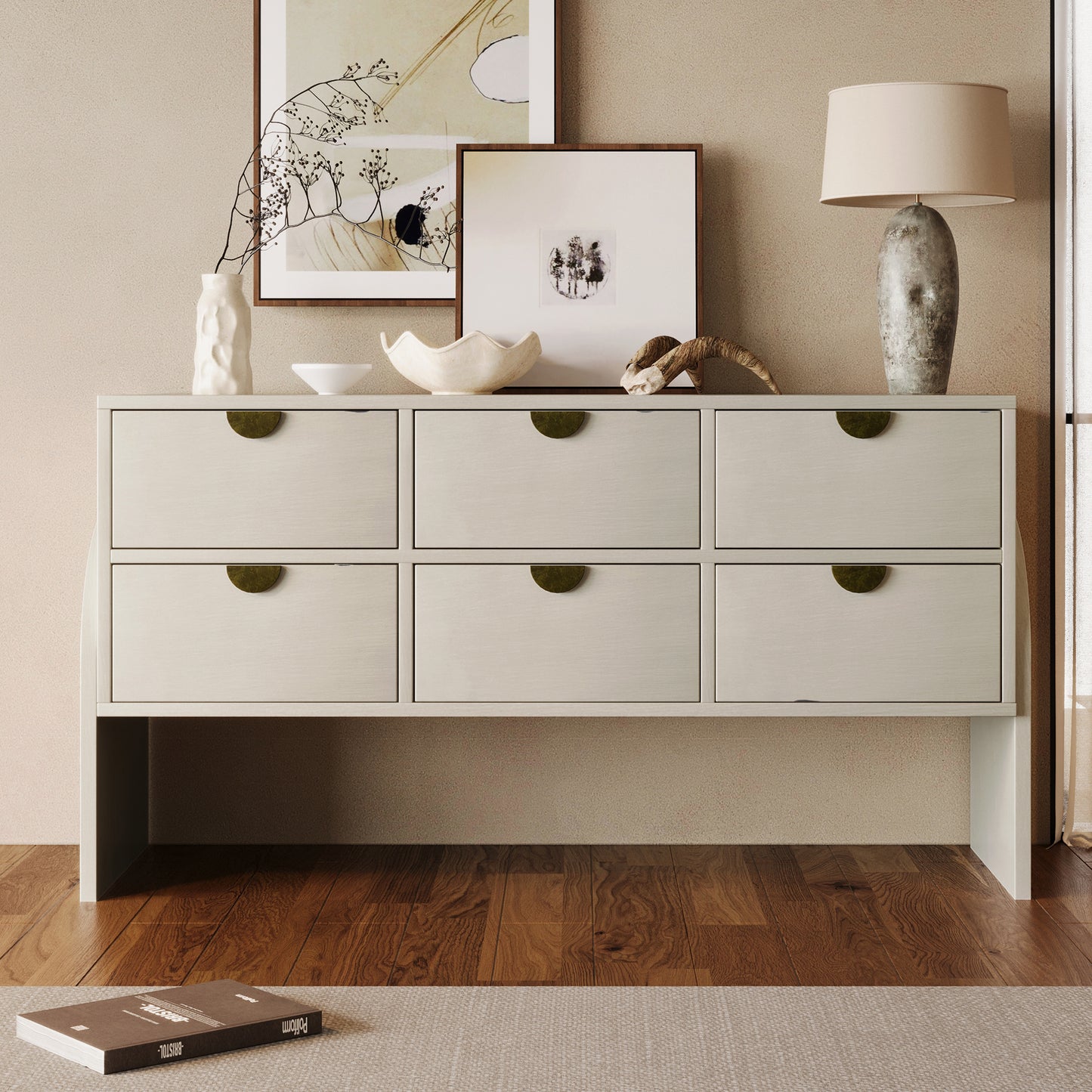 Retro Style Rubber Wood Venner Three-Drawer Dresser Sideboard Cabinet Console Table Sofa Table Ample Storage Spaces for Living Room, Children's Room, Adult Room, Antique White