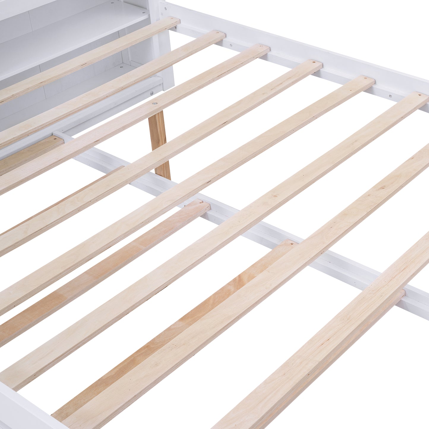 Queen Size Storage Platform Bed with Pull Out Shelves and Twin XL Size Trundle, White