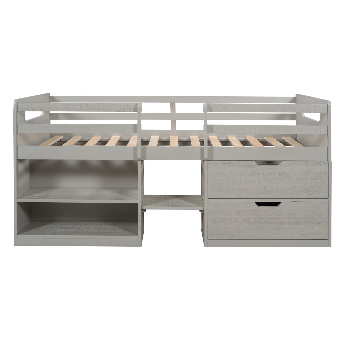 Twin size Loft Bed with Two Shelves and Two drawers (Antique Gray)