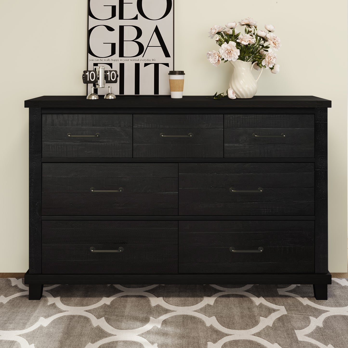 Rustic Farmhouse Style 3 Pieces Bedroom Sets Blackwash Queen Bed with 2 Drawers, Nightstand and Dresser, Coffee