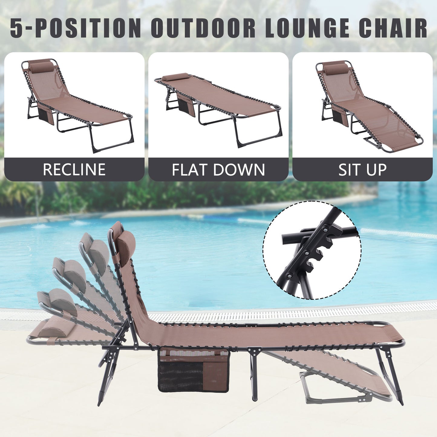 Folding Textilene Waterproof Patio Chaise Lounge Chair,Outdoor Adjustable and Reclining Tanning Chair with Pillow and Side Pocket for Lawn,Beach,Pool,Portable Camping and Sunbathing(2 Pieces,Coffee)