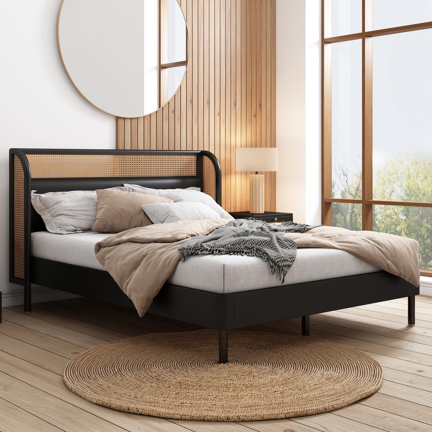 4 Pieces Modern Cannage Rattan Platform Queen Bed + Nightstand*2+ Dresser, Black