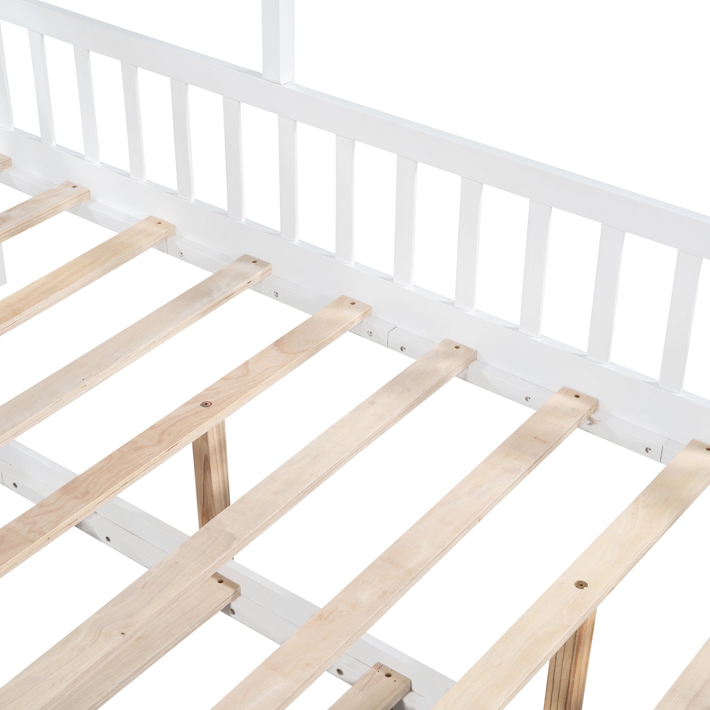 Wooden Full Size House Bed with Twin Size Trundle,Kids Bed with Shelf,White