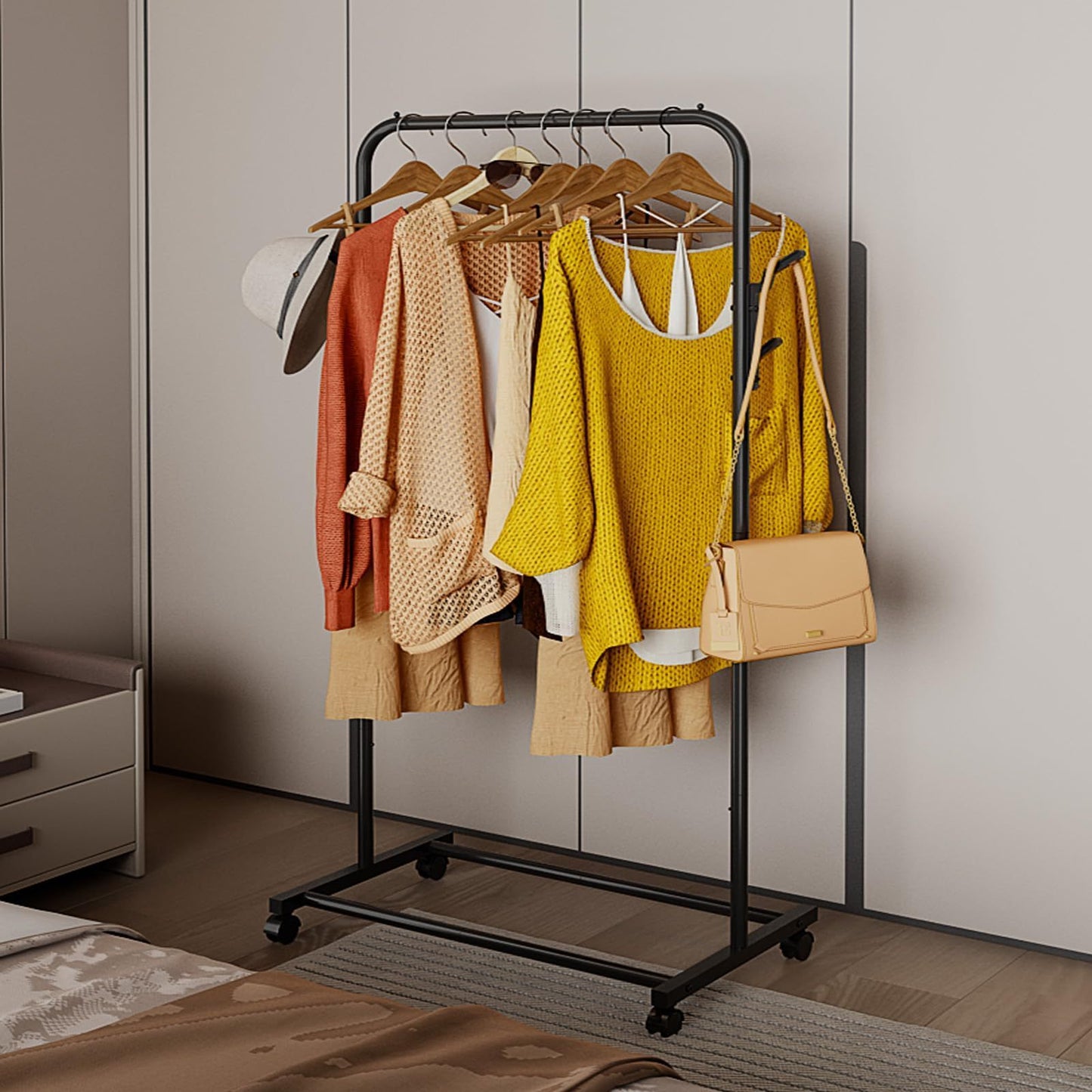 Coat Rack, Freestanding Metal Clothes Rack with Wheels, Standard Organizer for Hanging Clothes, Coats, Skirts, Shirts, Black Freestanding Metal Clothes Rack with Wheels