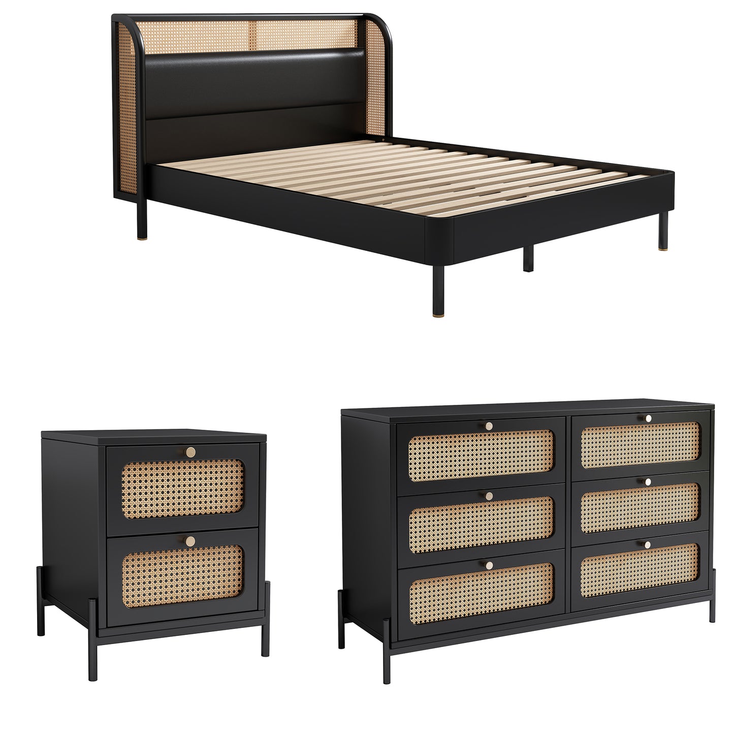 4 Pieces Modern Cannage Rattan Platform Queen Bed + Nightstand*2+ Dresser, Black