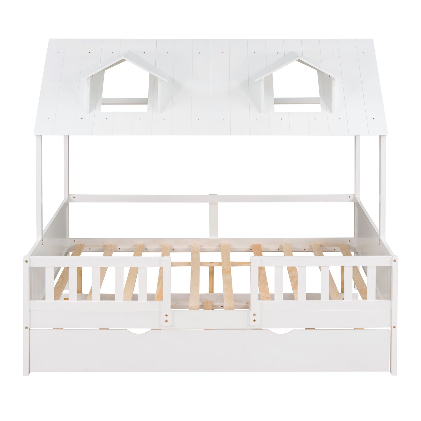 Full Size House Bed Wood Bed with Twin Size Trundle ( White )