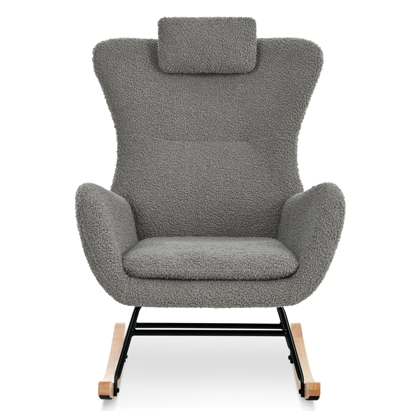 Rocking Chair Nursery, Teddy Upholstered Rocker Glider Chair with High Backrest, Adjustable Headrest & Pocket, Comfy Glider Chair for Nursery, Bedroom, Living Room, Offices, Rubber wood, gray