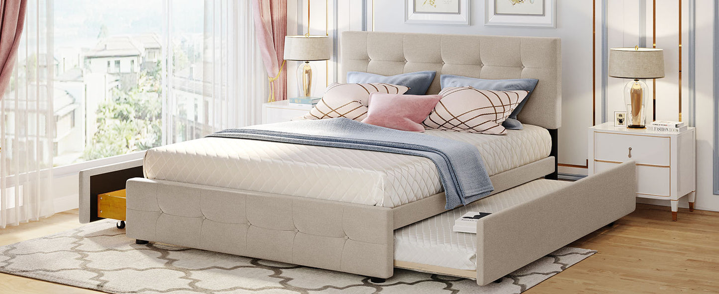 Upholstered Platform Bed with 2 Drawers and 1 Twin XL Trundle, Linen Fabric, Queen Size - Dark Beige(OLD SKU :LP000314AAA)