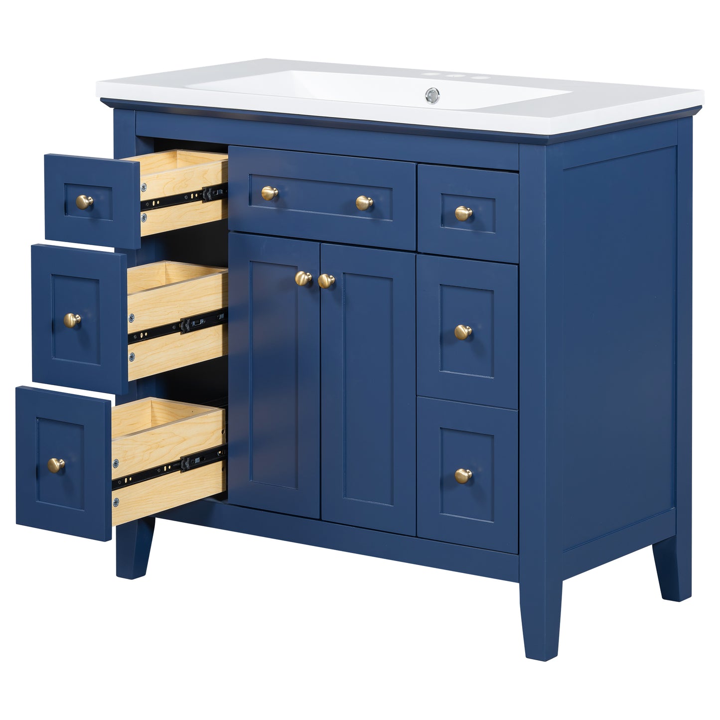 36'' Bathroon Vanity with Resin Sink Combo Set, Modern Freestanding Single Bathroom Cabinet with 6 Drawers & 2 Cabinets, Storage Cabinet for Bathroom, Solid Wood Frame Vanity Set, Blue