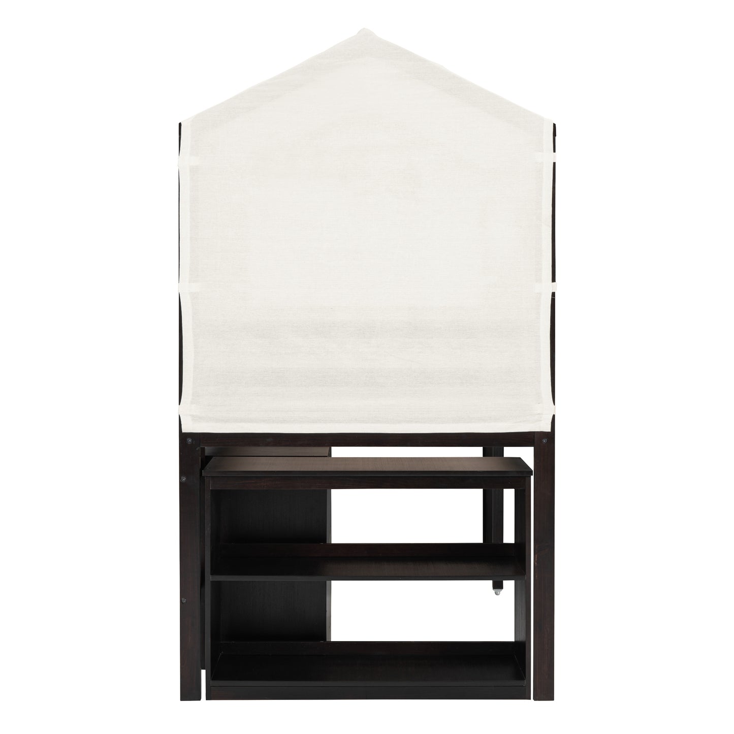 Twin Size Loft Bed with Rolling Cabinet, Shelf and Tent - Espresso