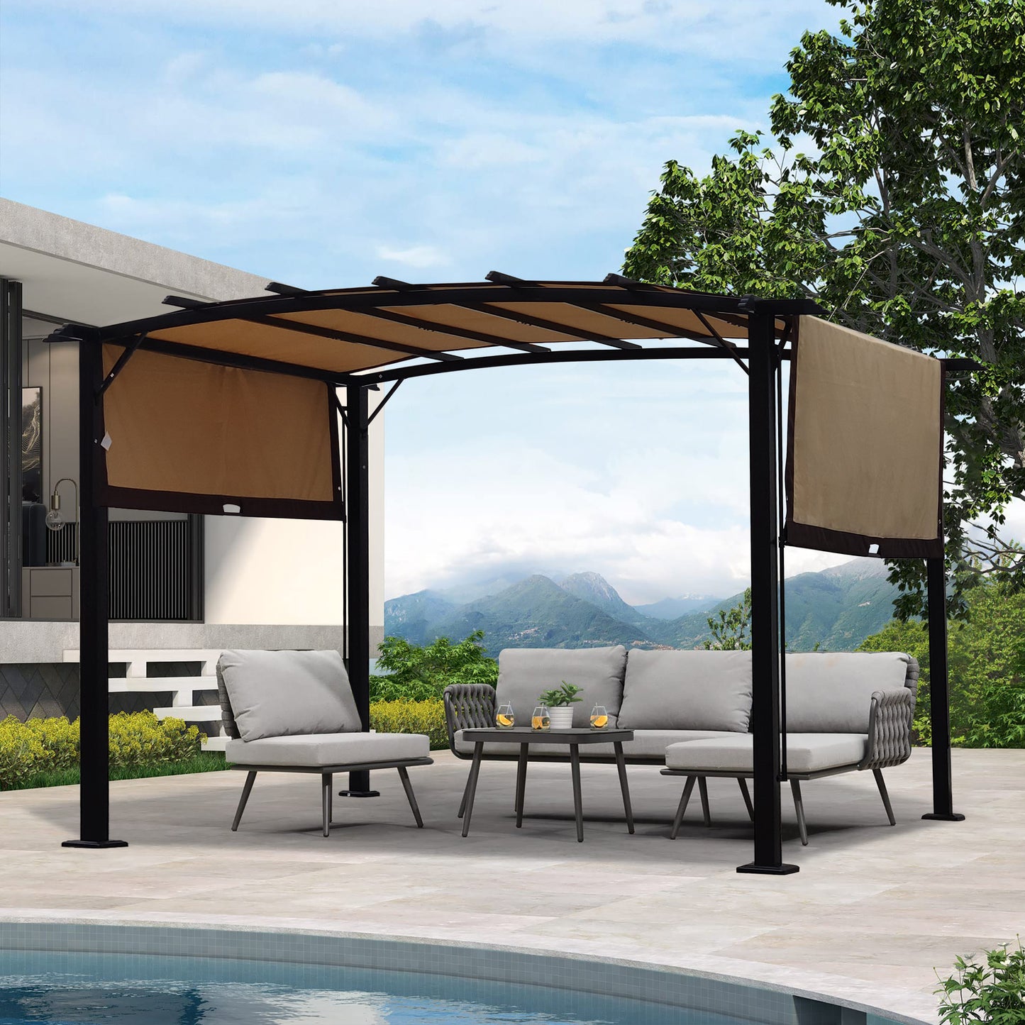 12 x 9 Ft Outdoor Pergola Patio Gazebo,Retractable Shade Canopy,Steel Frame Grape Gazebo,Sunshelter Pergola for Gardens,Terraces,Backyard-Beige Same as W419S00017